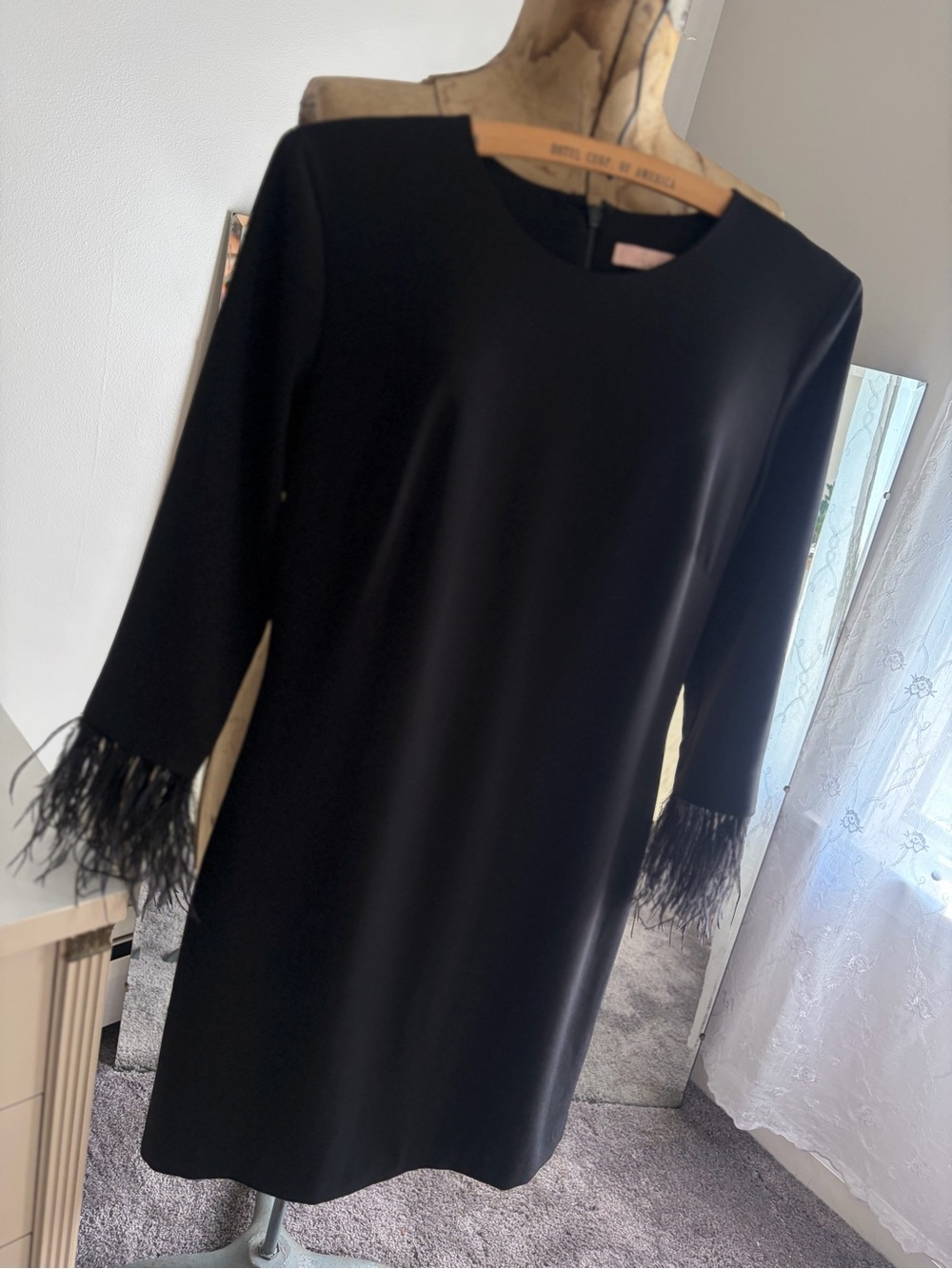 Anthropologie Hutch Black Mini Dress with Feather Cuffs